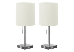HomeRoots Set of Two 17" Silver Metal Candlestick Table Lamps with USB Charging & Ivory Drum Shades 545831