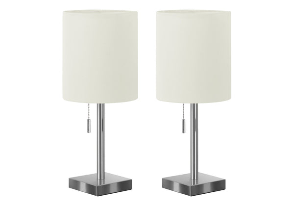 HomeRoots Set of Two 17" Silver Metal Candlestick Table Lamps with USB Charging & Ivory Drum Shades 545831