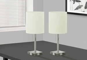 HomeRoots Set of Two 17" Silver Metal Candlestick Table Lamps with USB Charging & Ivory Drum Shades 545831