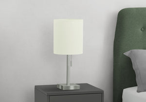 HomeRoots Set of Two 17" Silver Metal Candlestick Table Lamps with USB Charging & Ivory Drum Shades 545831