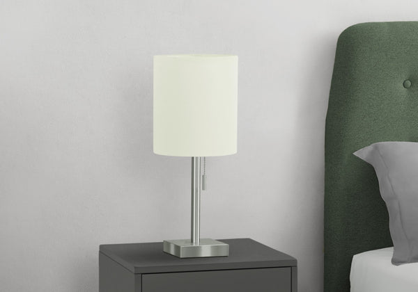 HomeRoots Set of Two 17" Silver Metal Candlestick Table Lamps with USB Charging & Ivory Drum Shades 545831