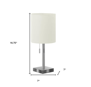 HomeRoots Set of Two 17" Silver Metal Candlestick Table Lamps with USB Charging & Ivory Drum Shades 545831