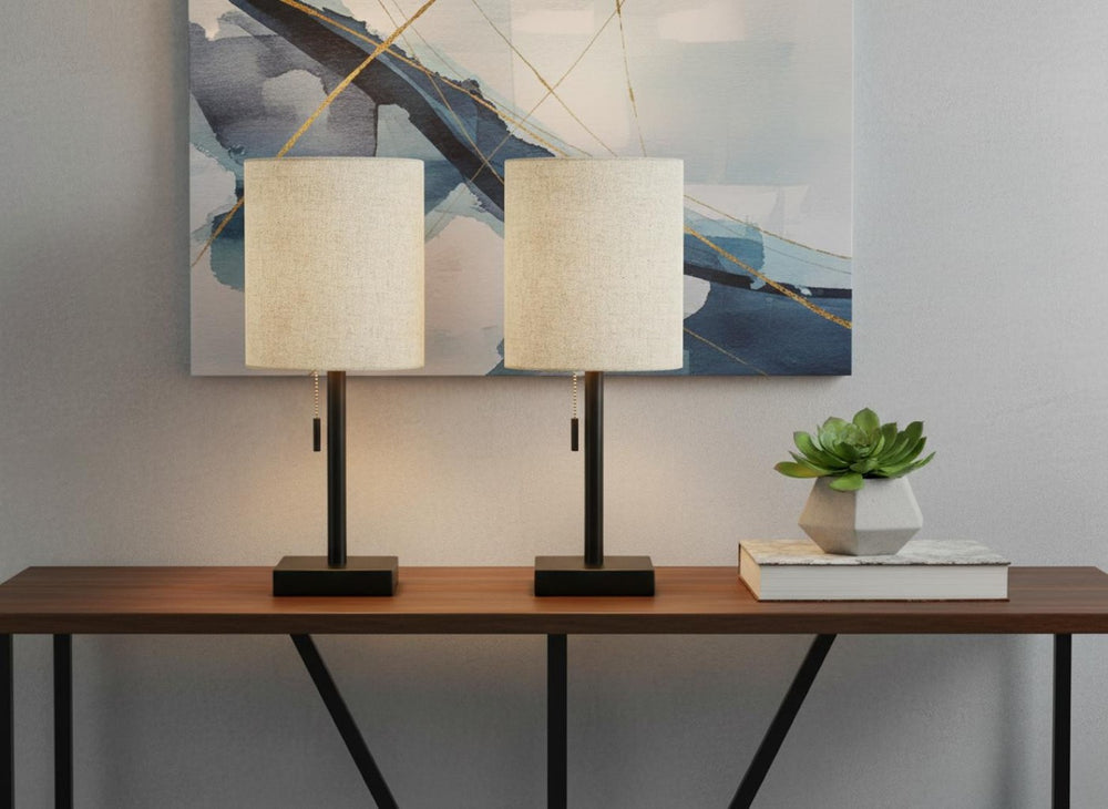 HomeRoots Set of Two 17" Black Metal Candlestick USB Table Lamps with Beige Shade - Perfect for Any Room! 545832