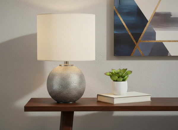 HomeRoots 19" Gray Round Table Lamp - Stylish Ivory Drum Shade, Smart Bulb Compatible, Perfect for Any Room 545833