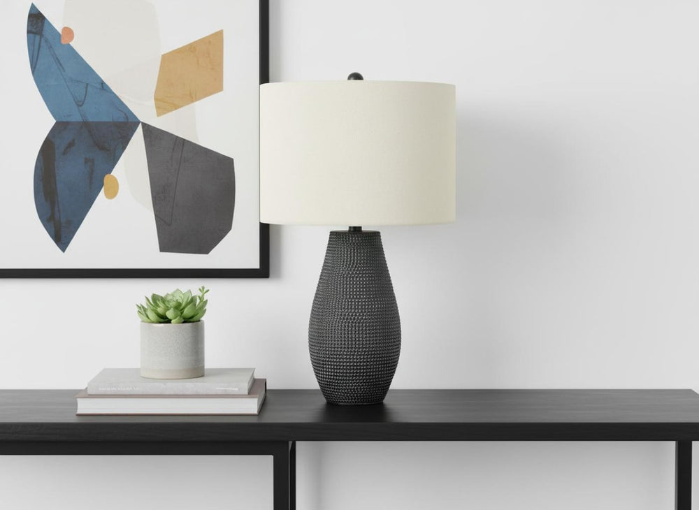 HomeRoots 24" Black Round Table Lamp – Contemporary Ivory Drum Shade for Modern Homes & Adjustable Lighting 545835