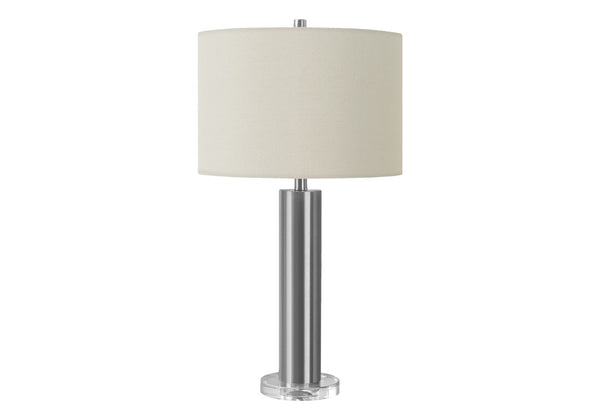 HomeRoots 28" Silver Acrylic Cylinder Table Lamp with Ivory Shade - Modern Illumination for Any Space 545836