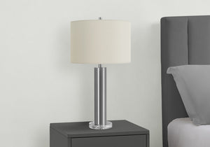 HomeRoots 28" Silver Acrylic Cylinder Table Lamp with Ivory Shade - Modern Illumination for Any Space 545836