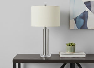 HomeRoots 28" Silver Acrylic Cylinder Table Lamp with Ivory Shade - Modern Illumination for Any Space 545836