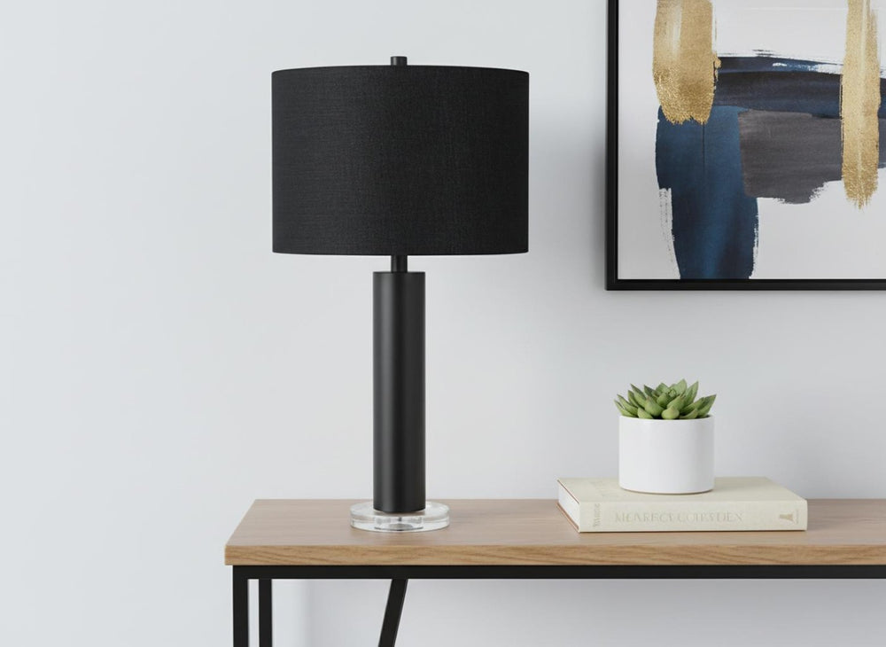 HomeRoots 28" Modern Black Metal and Acrylic Table Lamp with Elegant Drum Shade for Ambient Illumination 545837