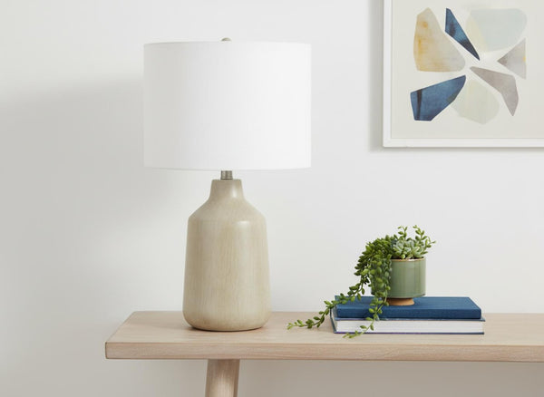 HomeRoots 24" Beige Concrete Urn Table Lamp with Ivory Shade – Contemporary Design for Modern Home Décor 545840