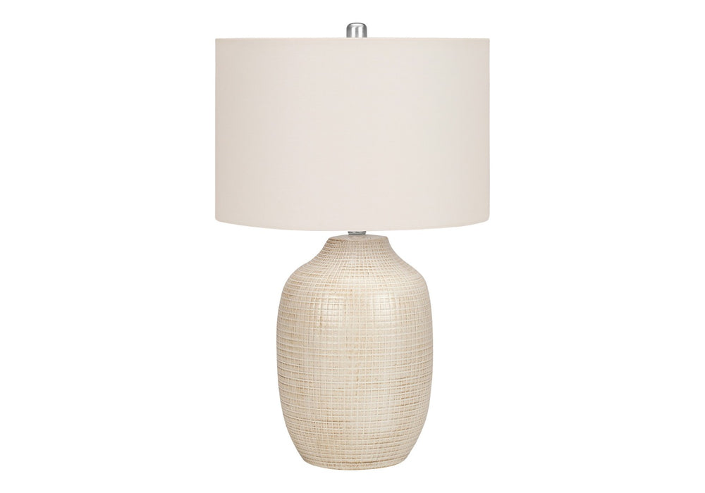 HomeRoots 26" Cream Ceramic Urn Table Lamp with Geometric Glaze, Soft Linen Shade & 3-Way Light Control 545842