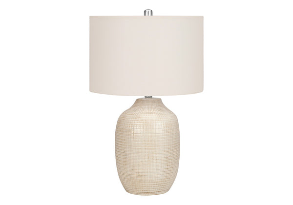 HomeRoots 26" Cream Ceramic Urn Table Lamp with Geometric Glaze, Soft Linen Shade & 3-Way Light Control 545842