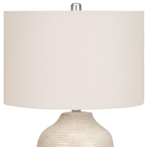 HomeRoots 26" Cream Ceramic Urn Table Lamp with Geometric Glaze, Soft Linen Shade & 3-Way Light Control 545842