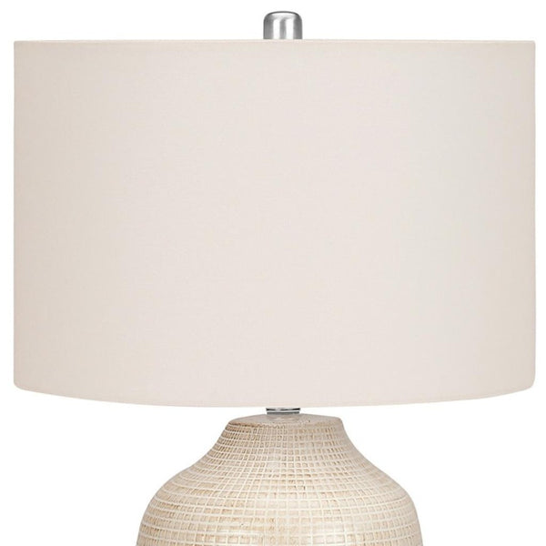 HomeRoots 26" Cream Ceramic Urn Table Lamp with Geometric Glaze, Soft Linen Shade & 3-Way Light Control 545842