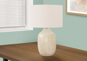 HomeRoots 26" Cream Ceramic Urn Table Lamp with Geometric Glaze, Soft Linen Shade & 3-Way Light Control 545842