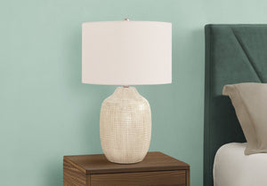 HomeRoots 26" Cream Ceramic Urn Table Lamp with Geometric Glaze, Soft Linen Shade & 3-Way Light Control 545842