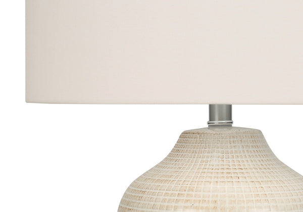 HomeRoots 26" Cream Ceramic Urn Table Lamp with Geometric Glaze, Soft Linen Shade & 3-Way Light Control 545842