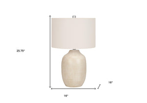 HomeRoots 26" Cream Ceramic Urn Table Lamp with Geometric Glaze, Soft Linen Shade & 3-Way Light Control 545842