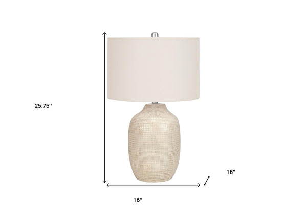 HomeRoots 26" Cream Ceramic Urn Table Lamp with Geometric Glaze, Soft Linen Shade & 3-Way Light Control 545842