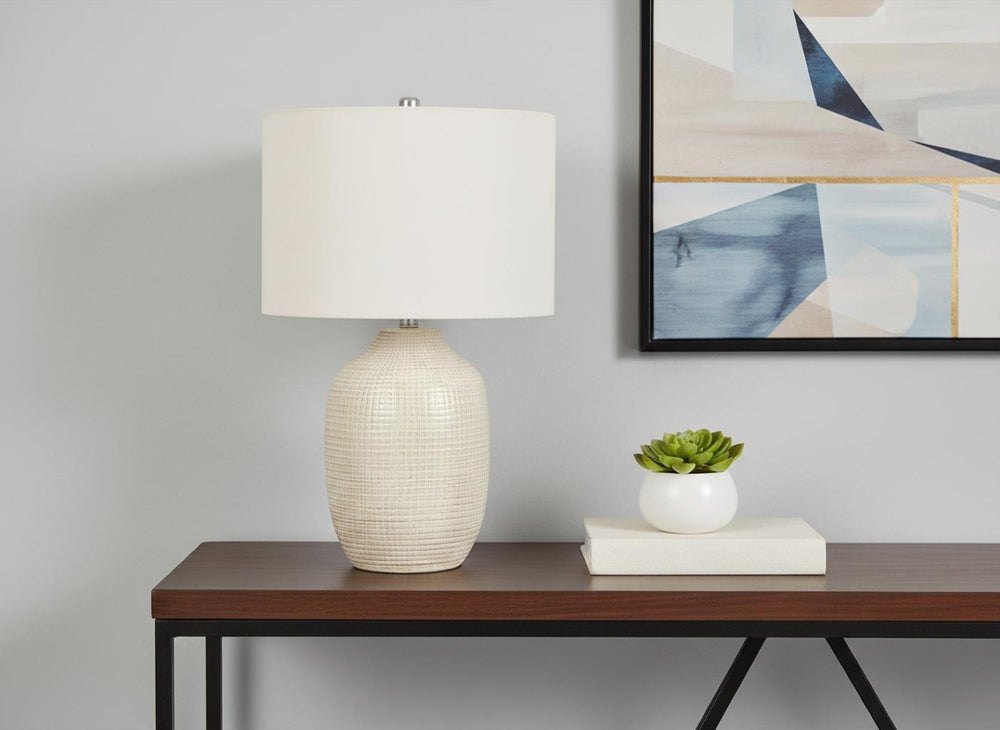 HomeRoots 26" Cream Ceramic Urn Table Lamp with Geometric Glaze, Soft Linen Shade & 3-Way Light Control 545842
