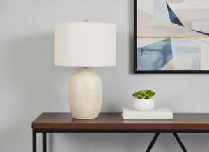 HomeRoots 26" Cream Ceramic Urn Table Lamp with Geometric Glaze, Soft Linen Shade & 3-Way Light Control 545842