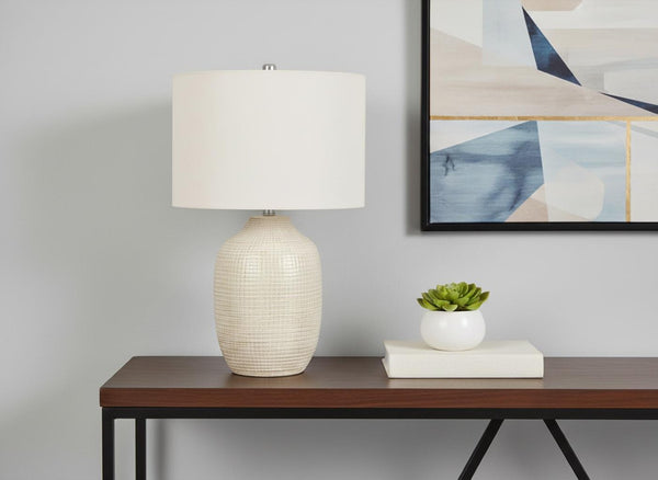 HomeRoots 26" Cream Ceramic Urn Table Lamp with Geometric Glaze, Soft Linen Shade & 3-Way Light Control 545842