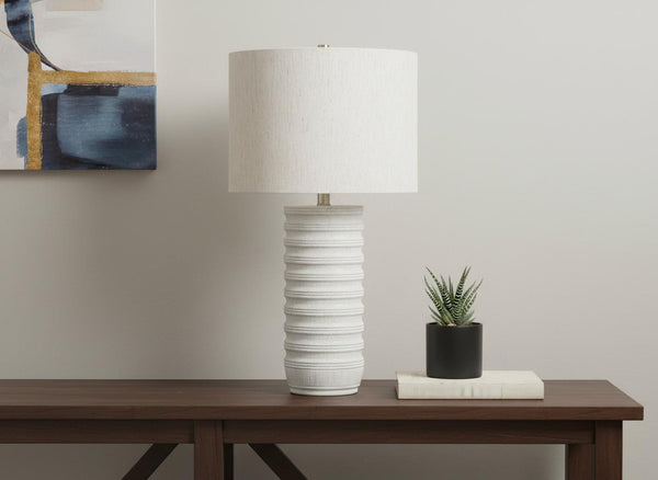 HomeRoots 28" Cream Cylinder Table Lamp - Elegant Drum Shade, Smart Control & Soft Ambient Illumination 545844