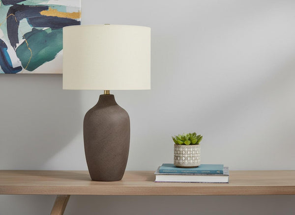 HomeRoots 27" Gray Ceramic Urn Table Lamp with Beige Linen Shade for Modern Elegance in Any Room Decor 545847