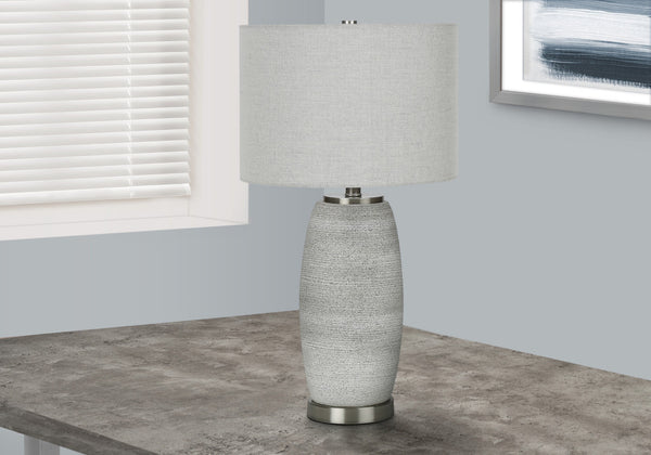 Homeroots 25" Gray And Silver Ceramic Cylinder Table Lamp With Gray Drum Shade   545849