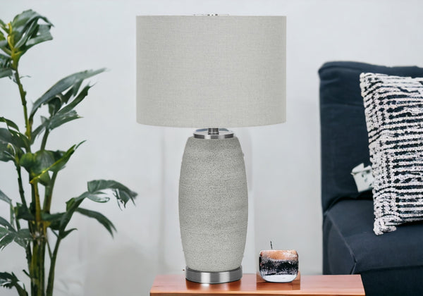 Homeroots 25" Gray And Silver Ceramic Cylinder Table Lamp With Gray Drum Shade   545849