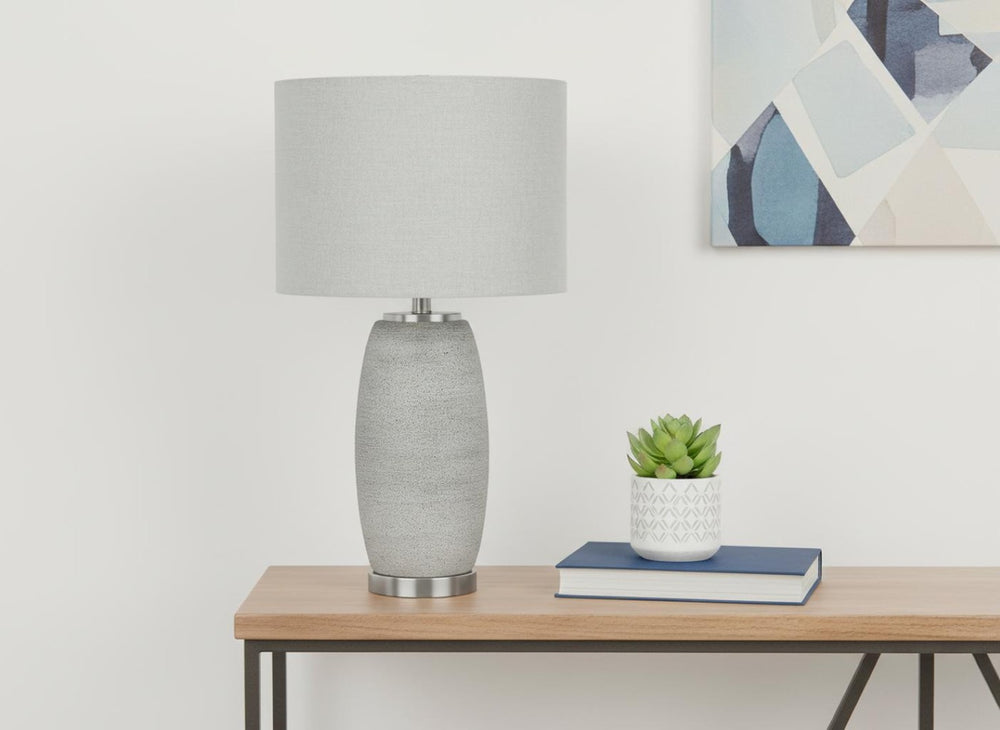 HomeRoots 25" Gray and Silver Ceramic Table Lamp with Adjustable Brightness and Stylish Gray Drum Shade 545849