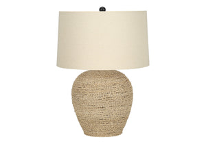 Homeroots 25" Beige Rattan Round Table Lamp With Beige Drum Shade   545851