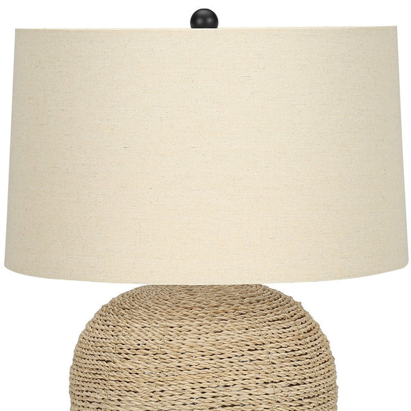 Homeroots 25" Beige Rattan Round Table Lamp With Beige Drum Shade   545851