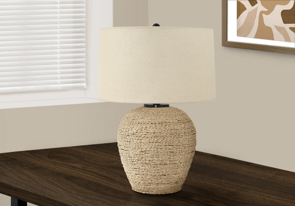 Homeroots 25" Beige Rattan Round Table Lamp With Beige Drum Shade   545851