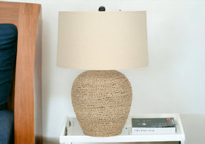 Homeroots 25" Beige Rattan Round Table Lamp With Beige Drum Shade   545851