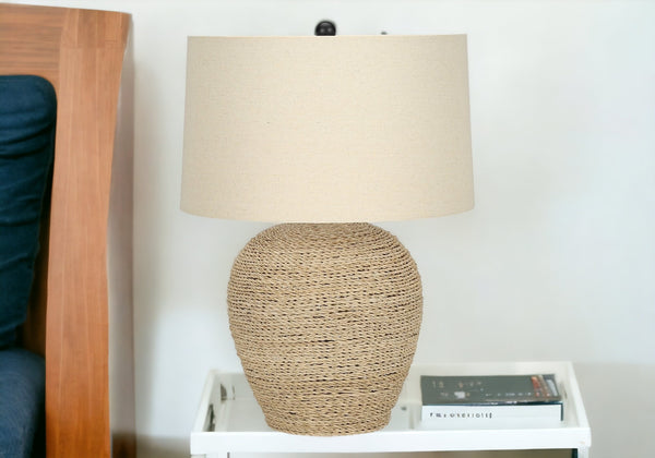 Homeroots 25" Beige Rattan Round Table Lamp With Beige Drum Shade   545851
