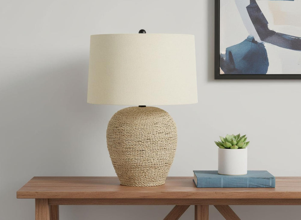 HomeRoots 25" Beige Rattan Table Lamp - Coastal Ginger-Jar Design with Linen Shade for Ambient Home Lighting 545851