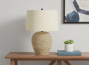 HomeRoots 25" Beige Rattan Table Lamp - Coastal Ginger-Jar Design with Linen Shade for Ambient Home Lighting 545851