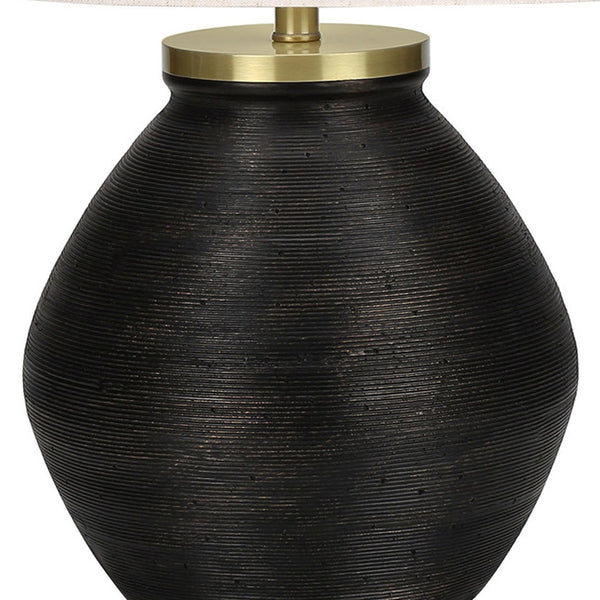Homeroots 25" Black And Gold Concrete Round Table Lamp With Ivory Drum Shade   545853