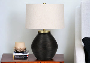 Homeroots 25" Black And Gold Concrete Round Table Lamp With Ivory Drum Shade   545853