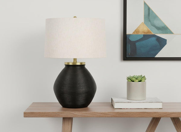 HomeRoots 25" Black and Gold Concrete Round Table Lamp with Ivory Shade - Modern Ambient Lighting Accent 545853