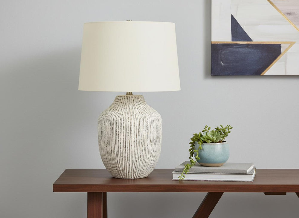 HomeRoots 26" Cream Ceramic Table Lamp – Elegant Round Design with Linen Shade for Timeless Home Decor Style 545857