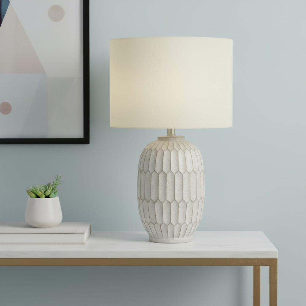 HomeRoots 24" Cream Geometric Table Lamp - Modern Sculptural Design with Drum Shade for Stylish Ambient Lighting 545858