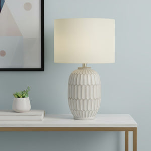 HomeRoots 24" Cream Geometric Table Lamp - Modern Sculptural Design with Drum Shade for Stylish Ambient Lighting 545858