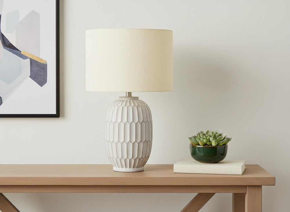 HomeRoots 24" Cream Geometric Table Lamp - Modern Sculptural Design with Drum Shade for Stylish Ambient Lighting 545858
