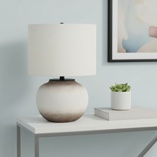 HomeRoots 21" Cream Ceramic Table Lamp - Modern Round Design with Drum Shade for Elegant Home Illumination 545860