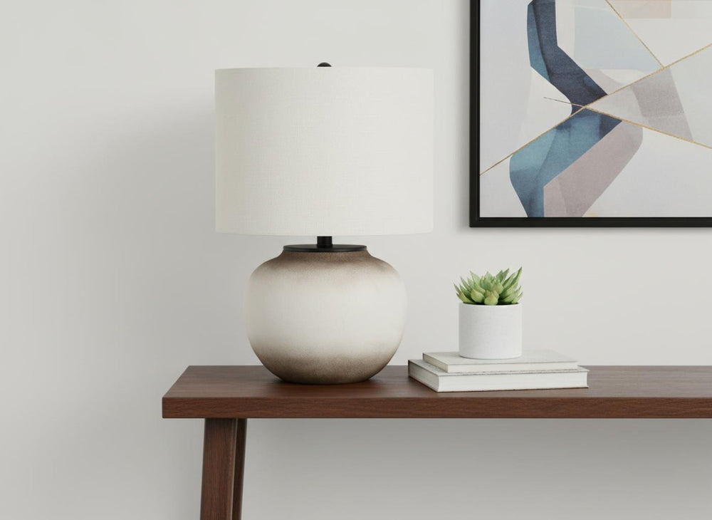 HomeRoots 21" Cream Ceramic Table Lamp - Modern Round Design with Drum Shade for Elegant Home Illumination 545860