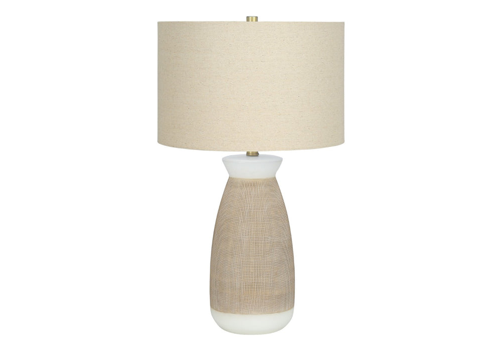 HomeRoots 27" Brown and White Ceramic Table Lamp with Beige Drum Shade - Stylish Accent Lighting for Any Room 545862
