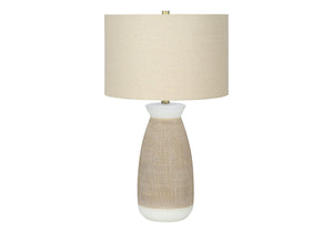HomeRoots 27" Brown and White Ceramic Table Lamp with Beige Drum Shade - Stylish Accent Lighting for Any Room 545862