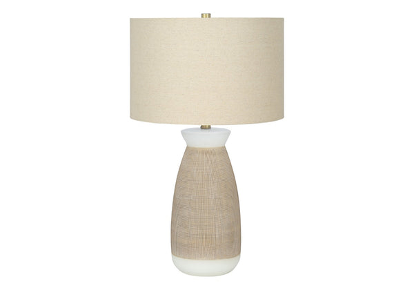 HomeRoots 27" Brown and White Ceramic Table Lamp with Beige Drum Shade - Stylish Accent Lighting for Any Room 545862